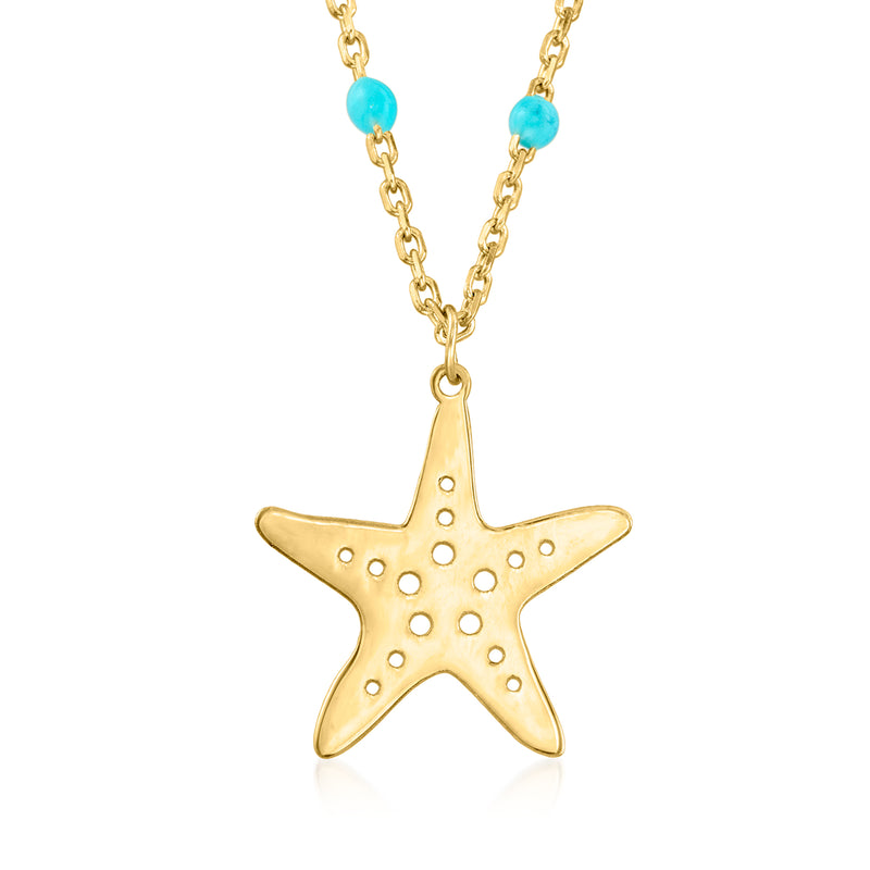 Yellow gold starfish station necklace with blue enamel accents on the links