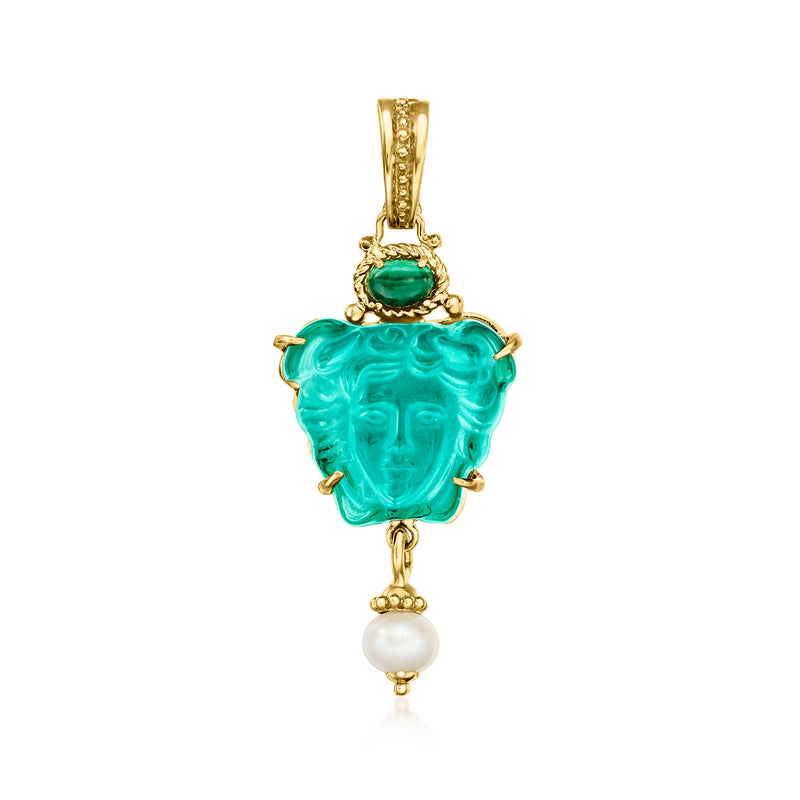 Gold-tone Medusa pendant with turquoise glass face, green stone top, white pearl drop