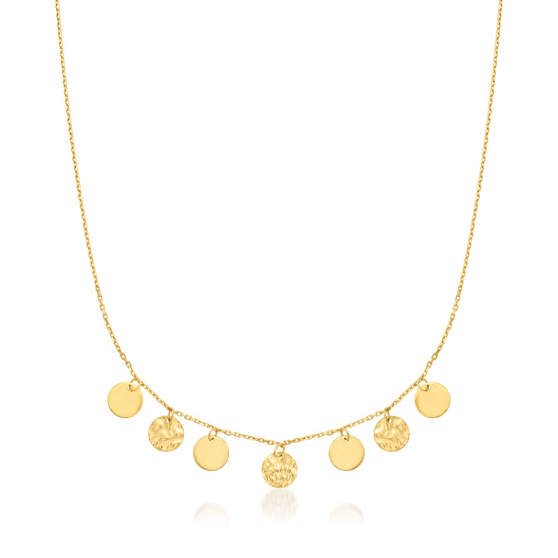 14kt yellow gold disc charm necklace with five round dangling charms on a fine chain
