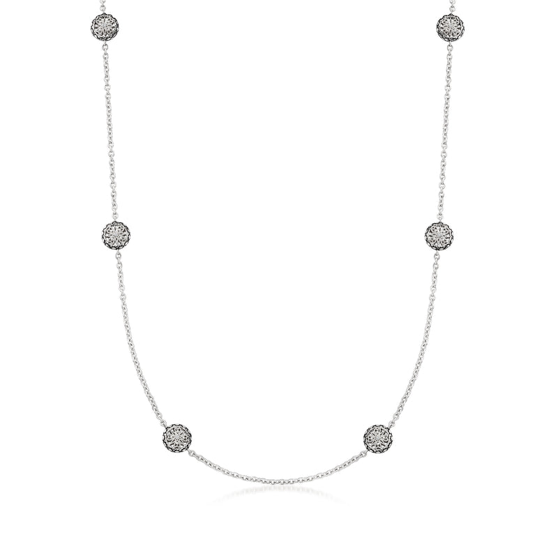 Sterling silver circle station necklace with round clusters and black enamel detailing