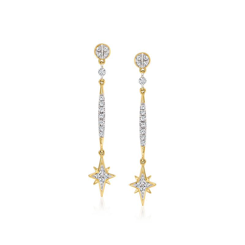 14kt yellow gold diamond drop earrings with star charms and round crystal tops