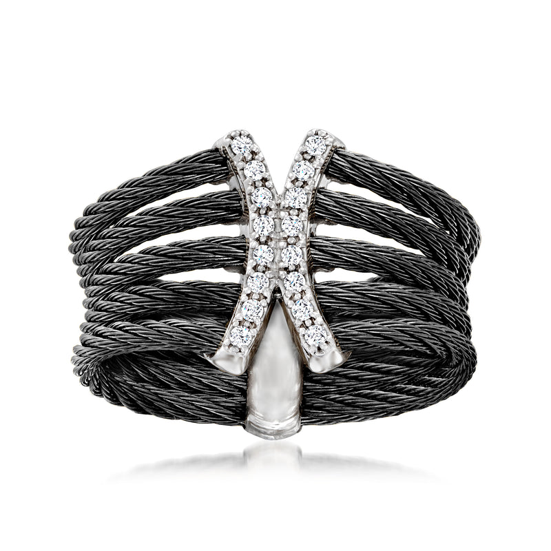 Black stainless steel cable ring with V-shaped diamond-set white gold accents
