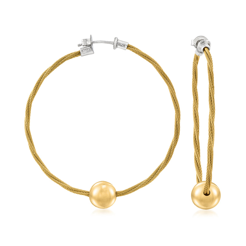 Gold bead cable hoop earrings with stainless steel posts, round hoops, paired view