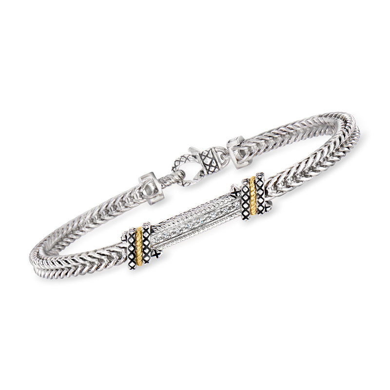 Sterling silver bar bracelet with black enamel accents, diamond details, woven chain