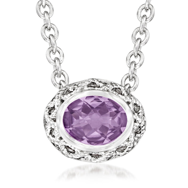 Sterling silver amethyst oval pendant necklace with halo frame