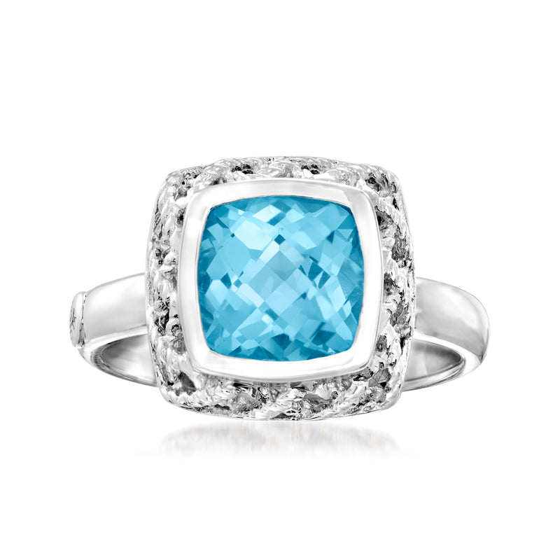Sterling silver ring with square Swiss blue topaz and halo of dark accent stones