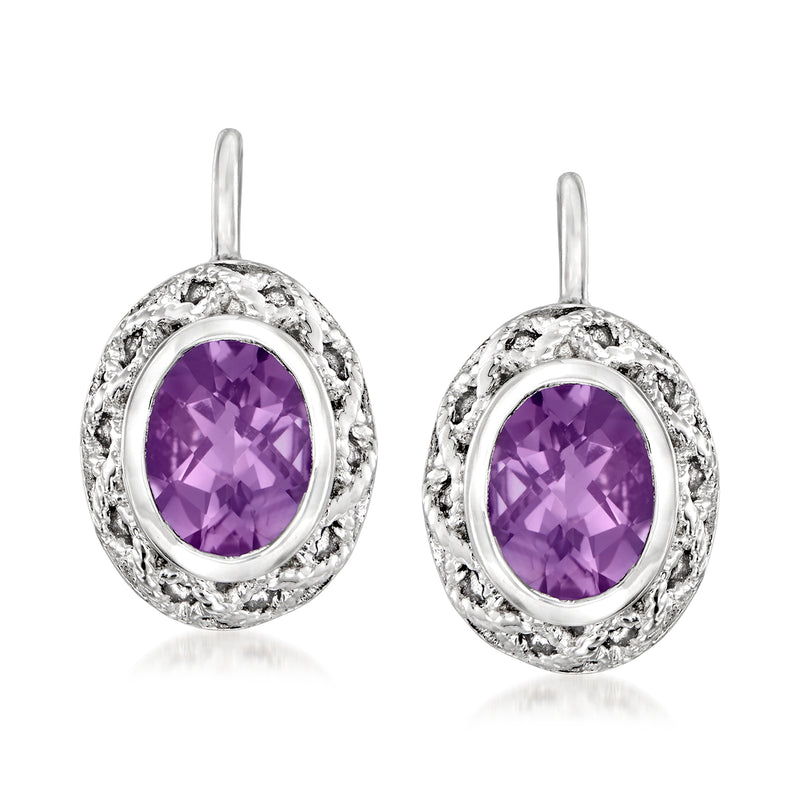 Sterling silver amethyst drop earrings with oval purple gemstone and leverback closure