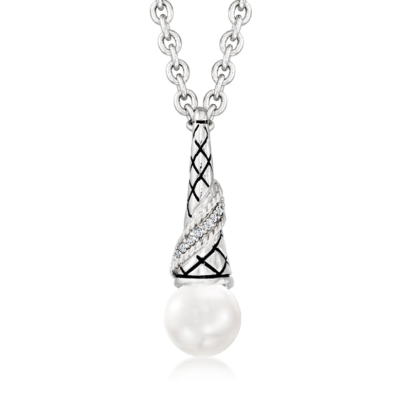 Sterling silver 8mm pearl pendant necklace with black enamel diamond accents