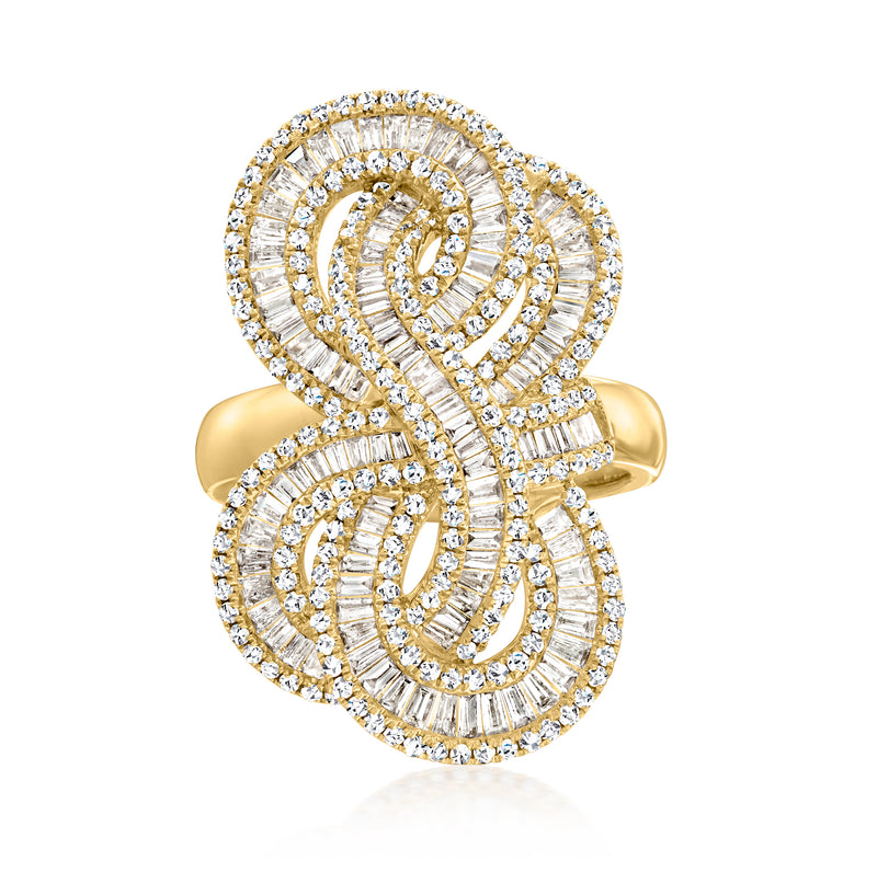 Yellow gold diamond ribbon ring with round and baguette stones