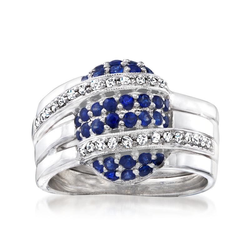 14kt white gold ring with sapphire and diamond cluster rows, round blue stones
