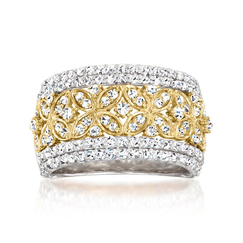 Two-tone sterling silver diamond floral ring with round clear stones, gold-tone and silver band.