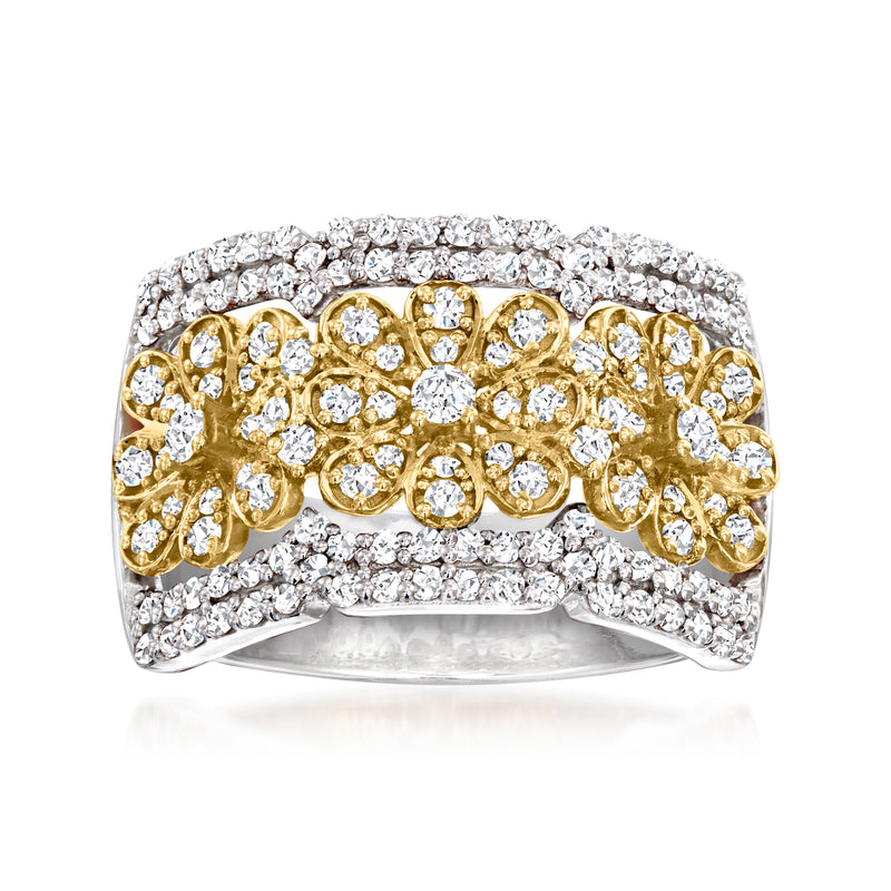 Two-tone sterling silver diamond floral ring with pavé-set stones