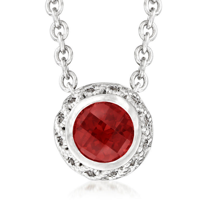 Round garnet pendant necklace in sterling silver with red faceted stone and halo setting