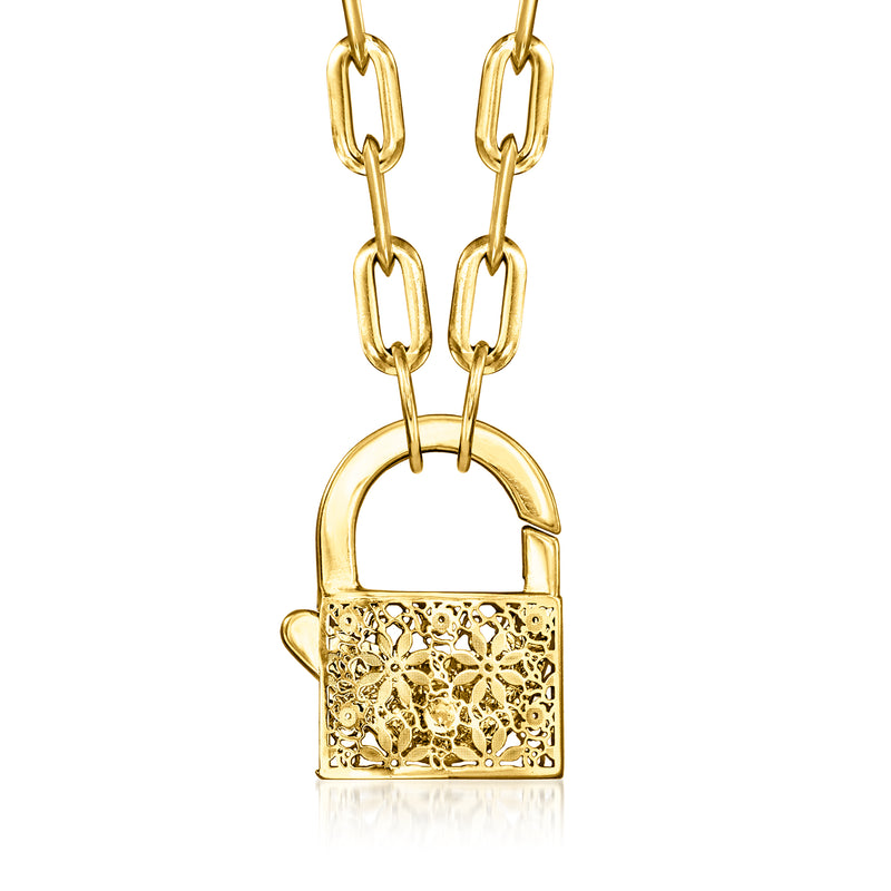 Yellow gold padlock link necklace with floral filigree hinged charm