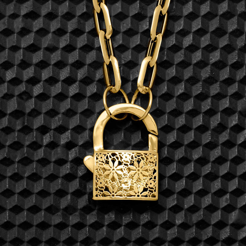 Yellow gold padlock link necklace with open floral filigree lock centerpiece