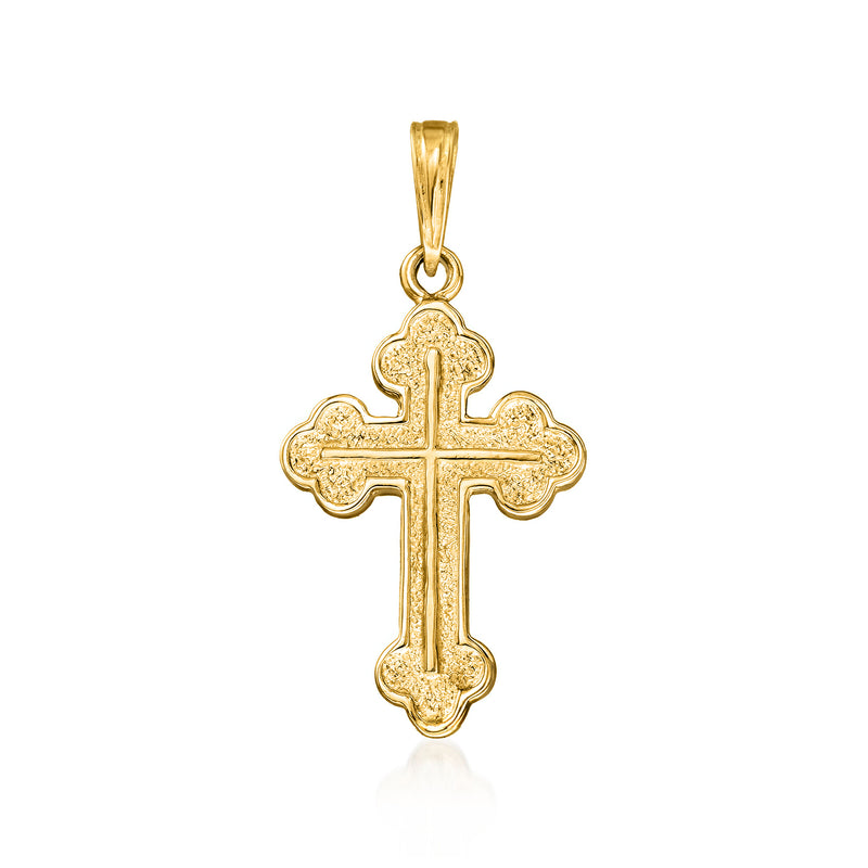 10kt yellow gold budded cross pendant, textured front with loop bail