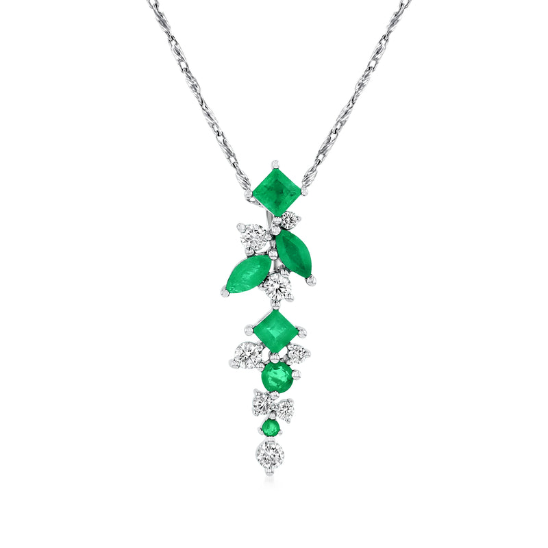 Emerald and diamond pendant necklace in white gold with green gemstone clusters