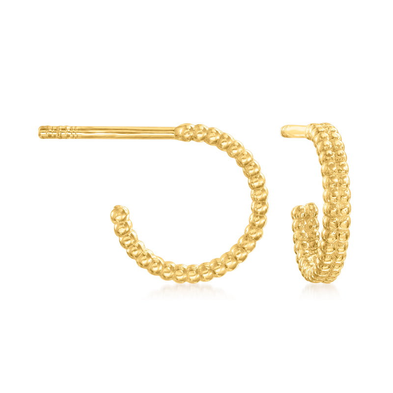 Yellow gold beaded huggie C-hoop earrings with two-row bead texture, close-fitting