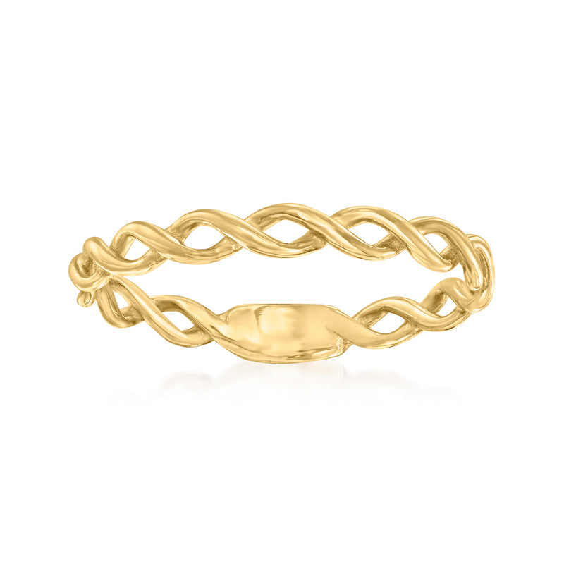 14kt yellow gold twisted ring with interwoven open links and smooth oval center