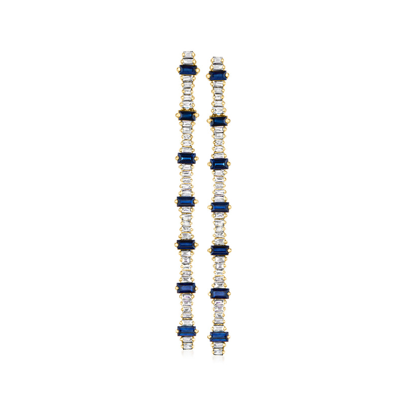 14kt yellow gold linear drop earrings with blue sapphire and diamond accents