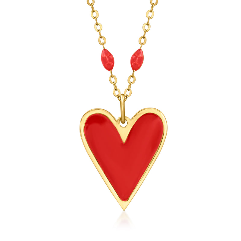 Red enamel heart pendant necklace in 14kt yellow gold with gold chain