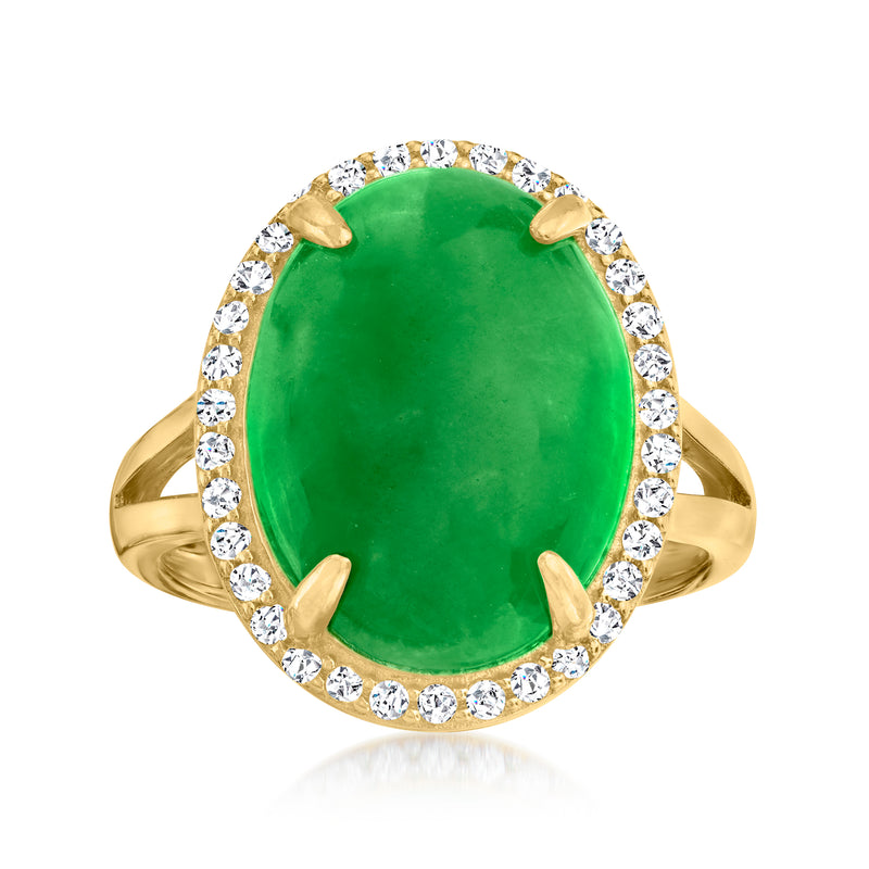 Oval green jade ring with white zircon halo and 18kt gold over sterling band