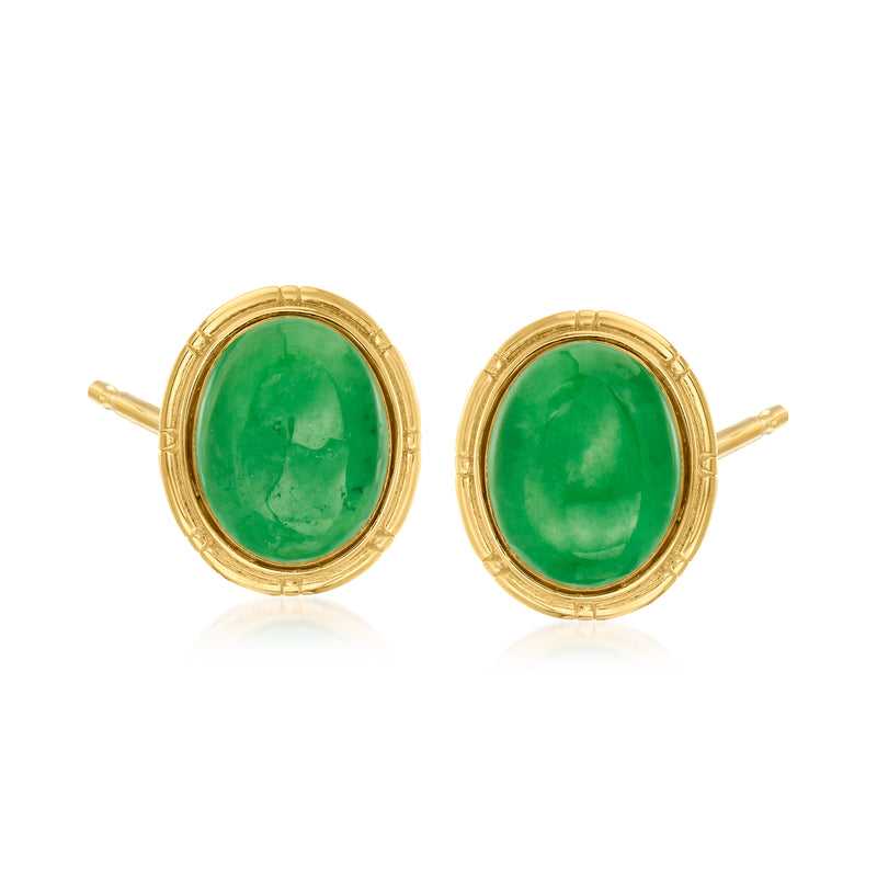 Green jade cabochon post earrings in 18kt gold over sterling with round bezel