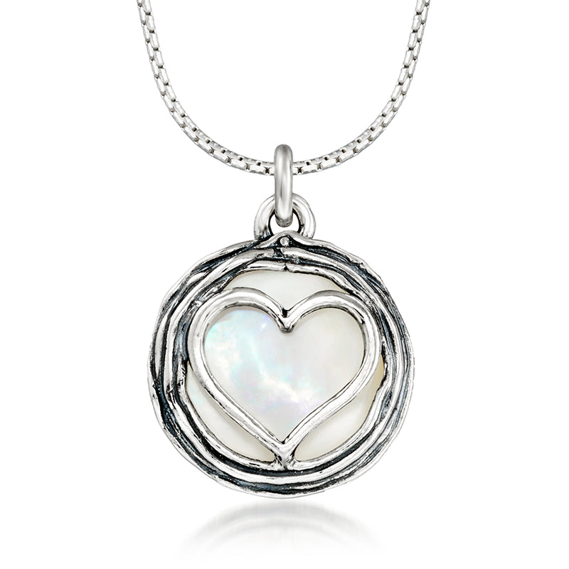 Sterling silver heart pendant necklace with iridescent mother-of-pearl center
