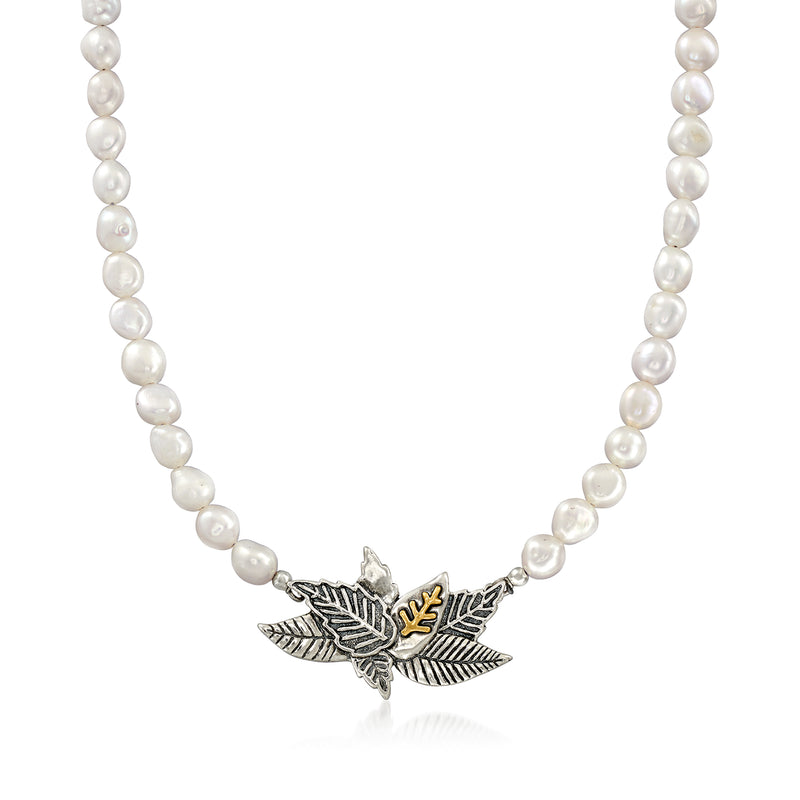 Two-tone sterling silver pearl leaf necklace with clustered leaf pendant