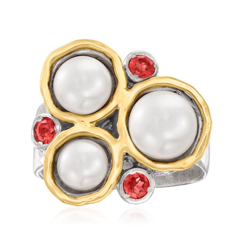 Three round cultured pearl ring with red garnet accents in yellow gold and sterling silver