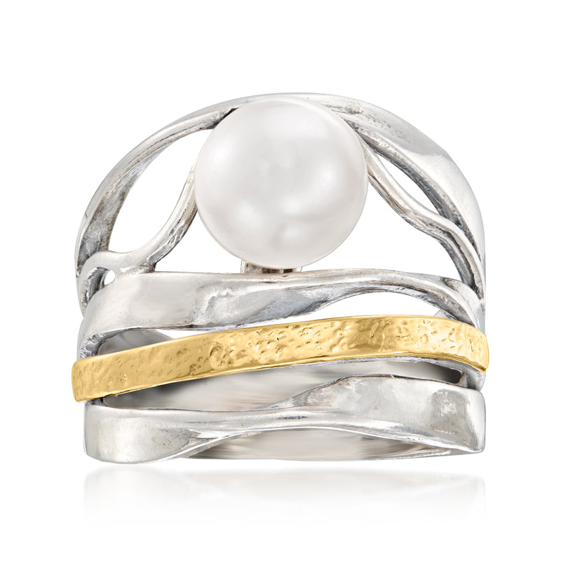 Sterling silver ring with button cultured pearl and 14kt yellow gold center band