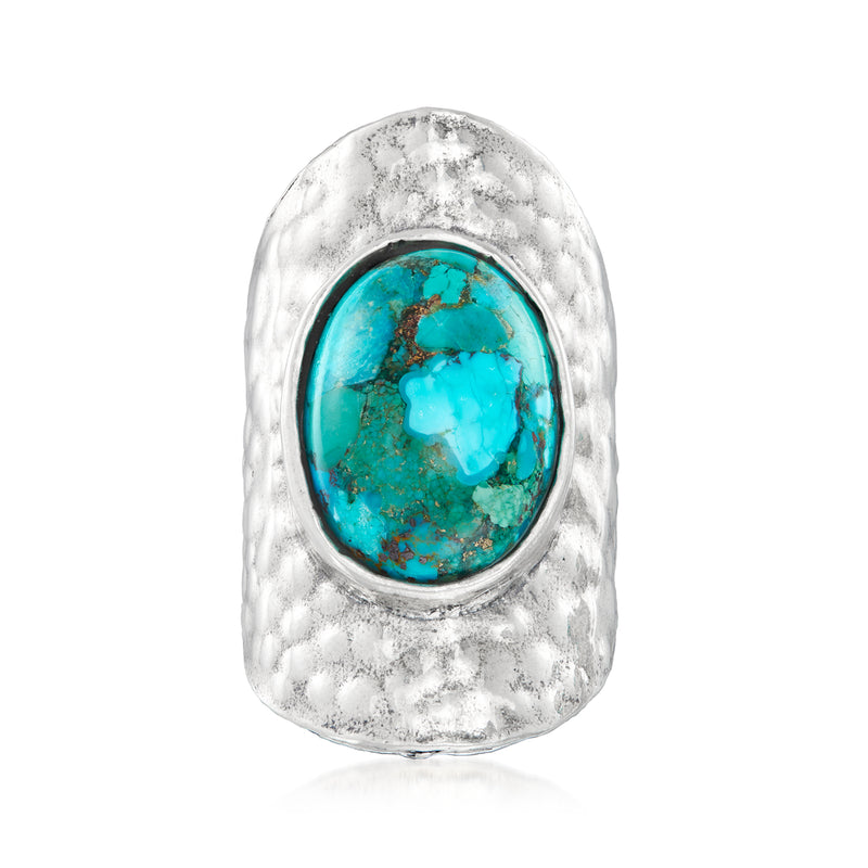 Hammered sterling silver ring with oval turquoise cabochon stone bezel