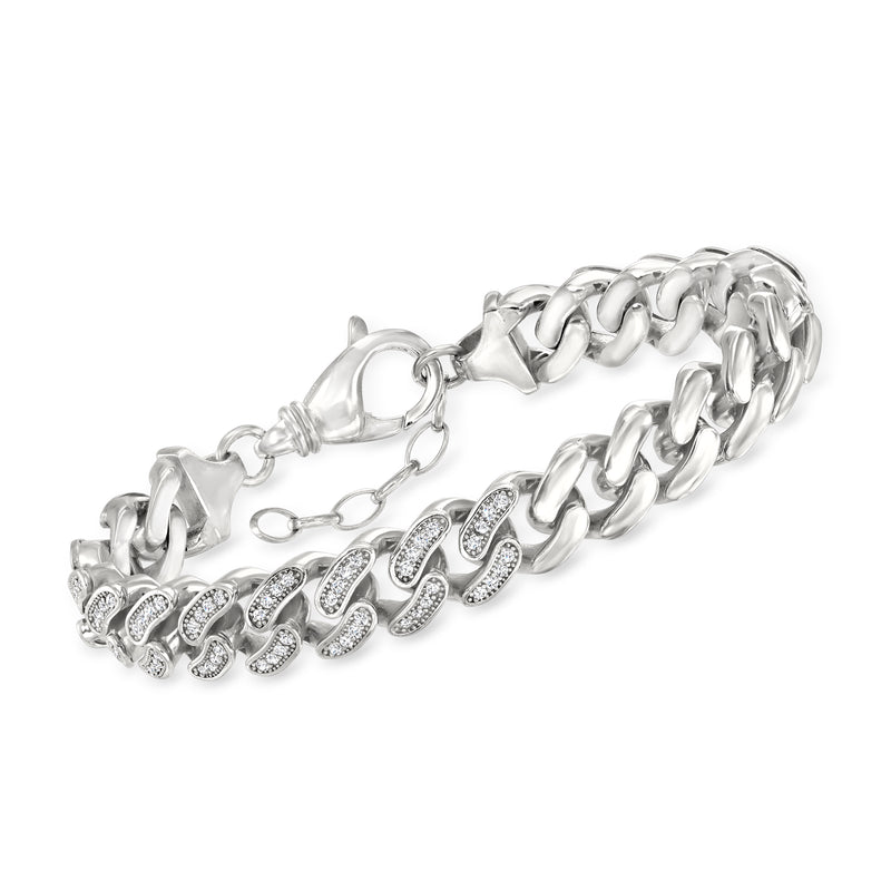 Sterling silver curb chain bracelet with bezel-set oval CZ stations