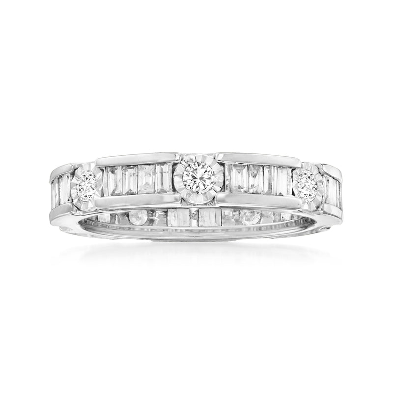 Sterling silver diamond eternity band with baguette and round stones, polished finish