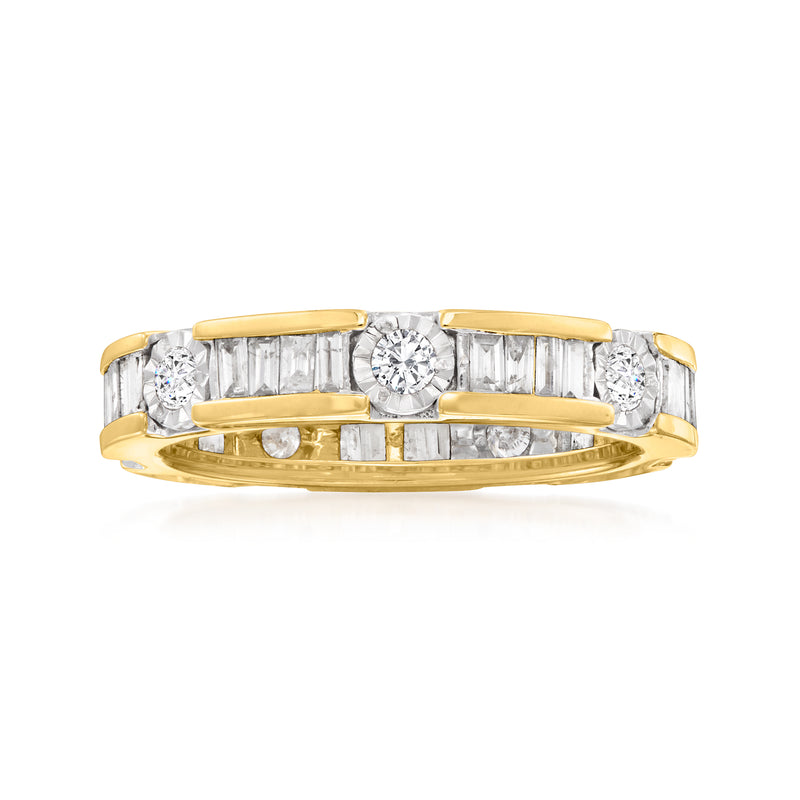 Gold over sterling eternity band with baguette and round diamonds, polished edge