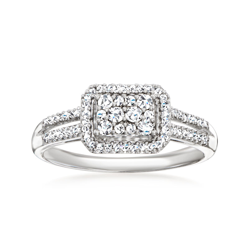 Sterling silver diamond cluster ring with square halo of round stones