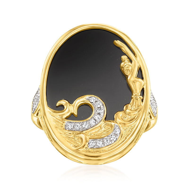 Black agate ring with white topaz accents in 18kt gold over sterling