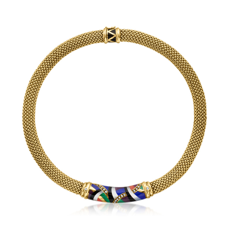 14kt yellow gold mesh necklace with multicolor gemstone inlay and gold clasp