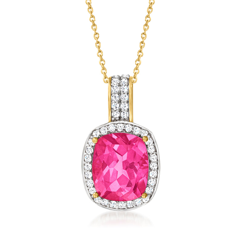 18kt gold over sterling pendant necklace with oval pink topaz and white topaz halo