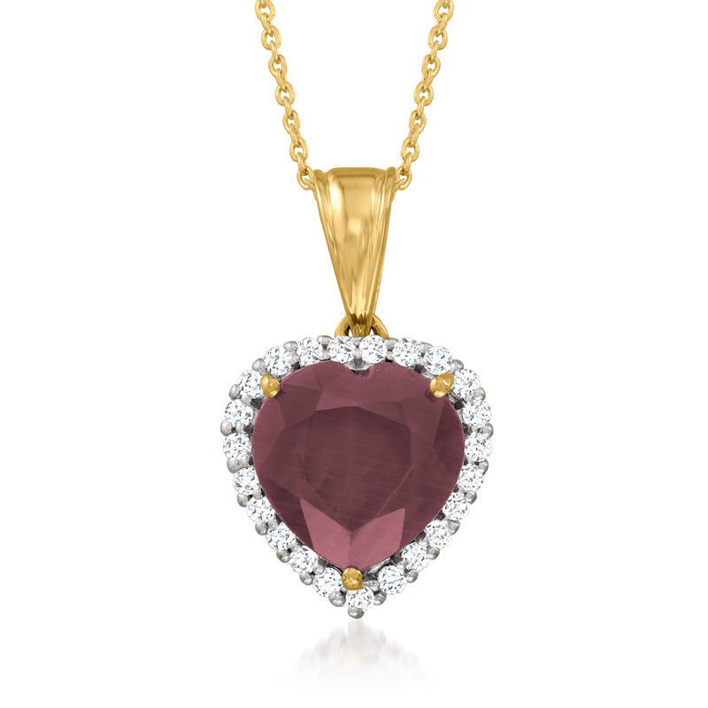 Ruby heart pendant necklace with white gemstone halo on gold-tone chain