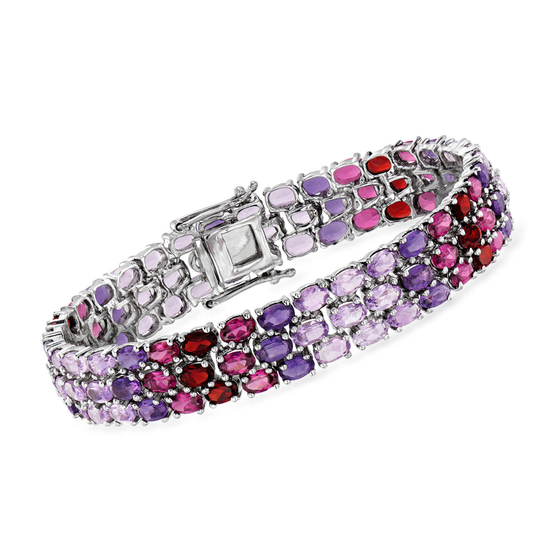 Sterling silver multi-row gemstone bracelet with purple, pink and red stones, hinged clasp