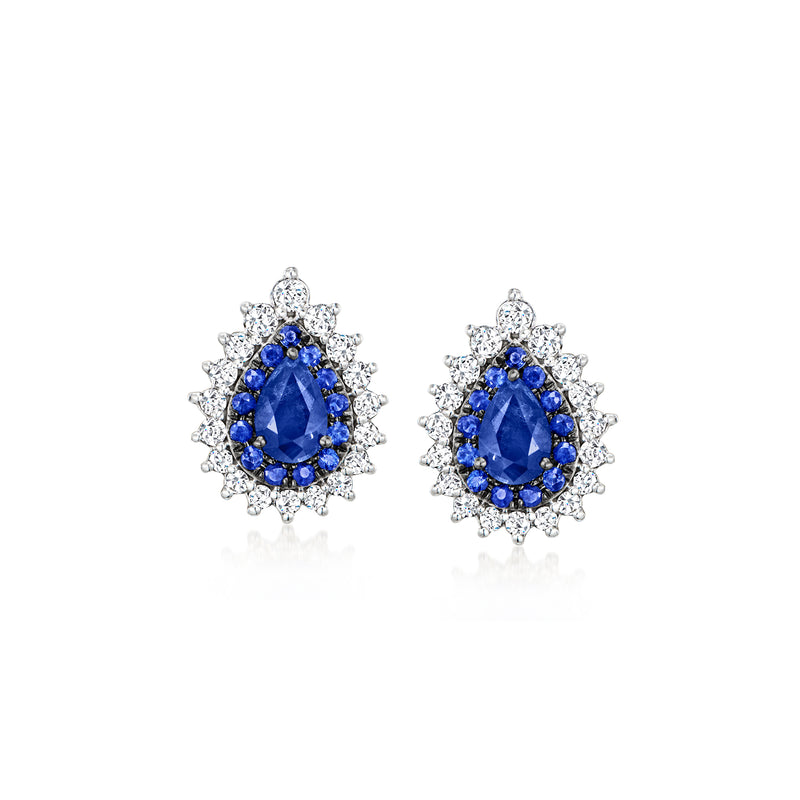 14kt white gold teardrop sapphire stud earrings with diamond halo, post backs