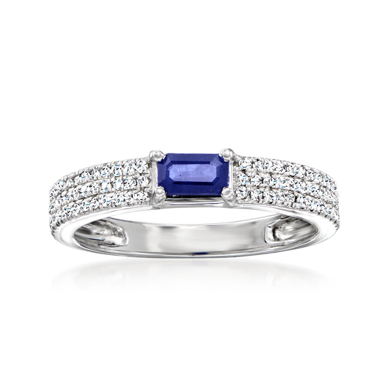 14kt white gold sapphire and diamond ring with rectangular blue center stone