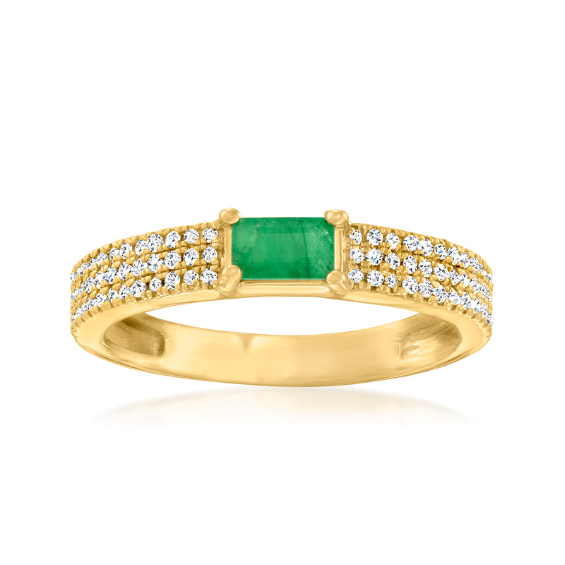 Emerald-cut emerald ring in 14kt yellow gold with diamond pavé band