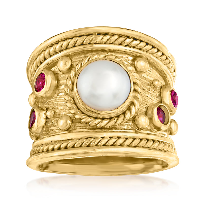 Gold over sterling ring with braided bezel, round white pearl center, pink gemstone accents