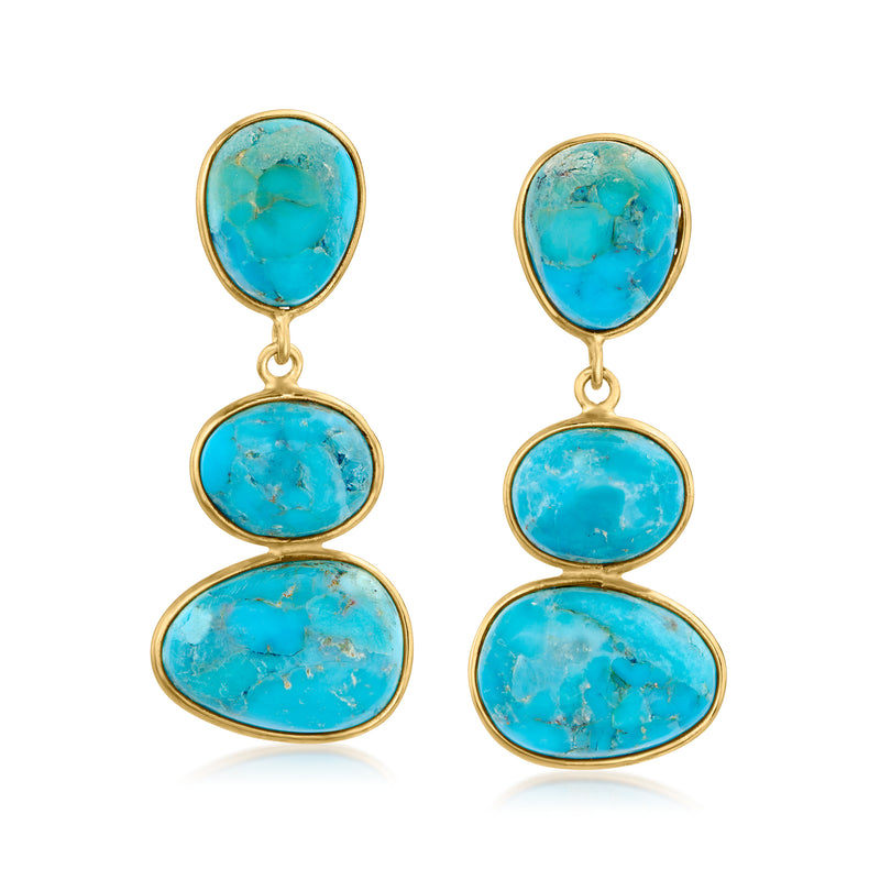 Turquoise drop earrings with three oval cabochons, gold over sterling hooks