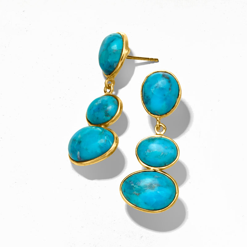 Turquoise drop earrings, three stacked oval stones, gold over sterling frame