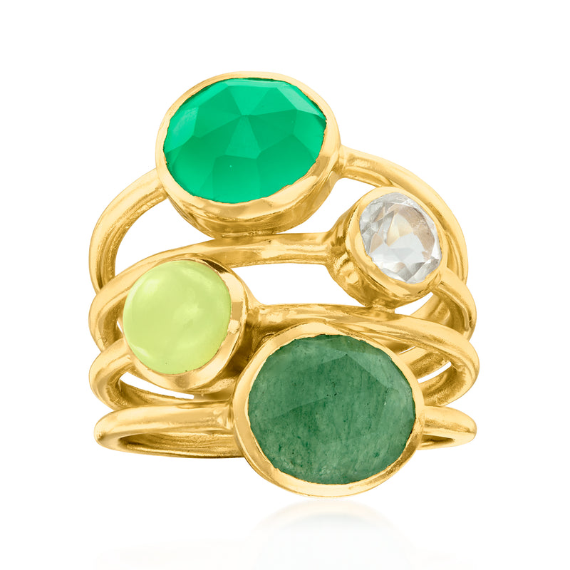Gold-tone multi-row ring with three green gemstone cabochons