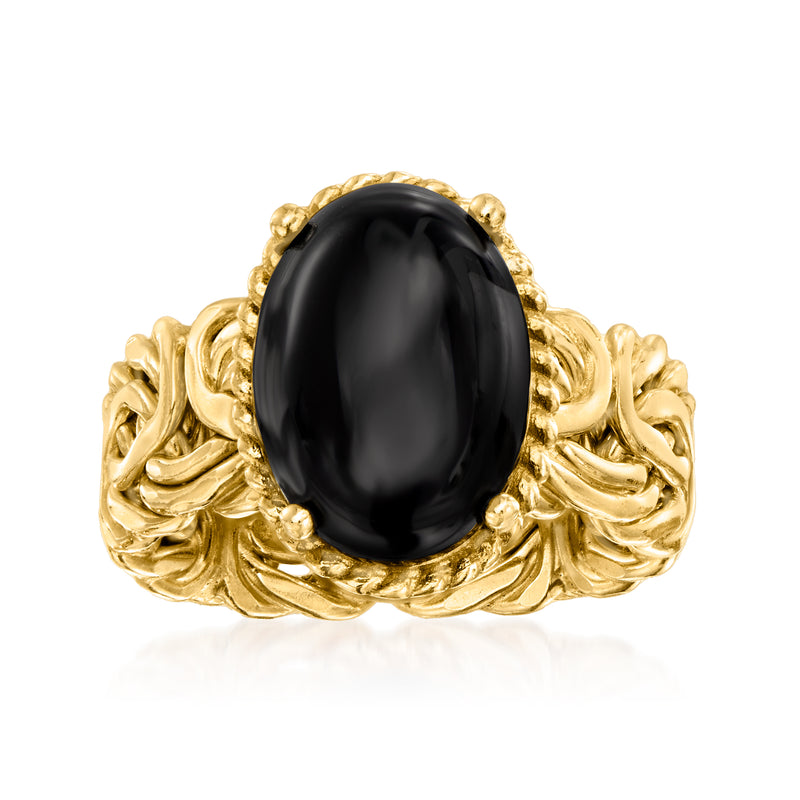 18kt gold over sterling ring with oval black onyx cabochon and Byzantine-style band