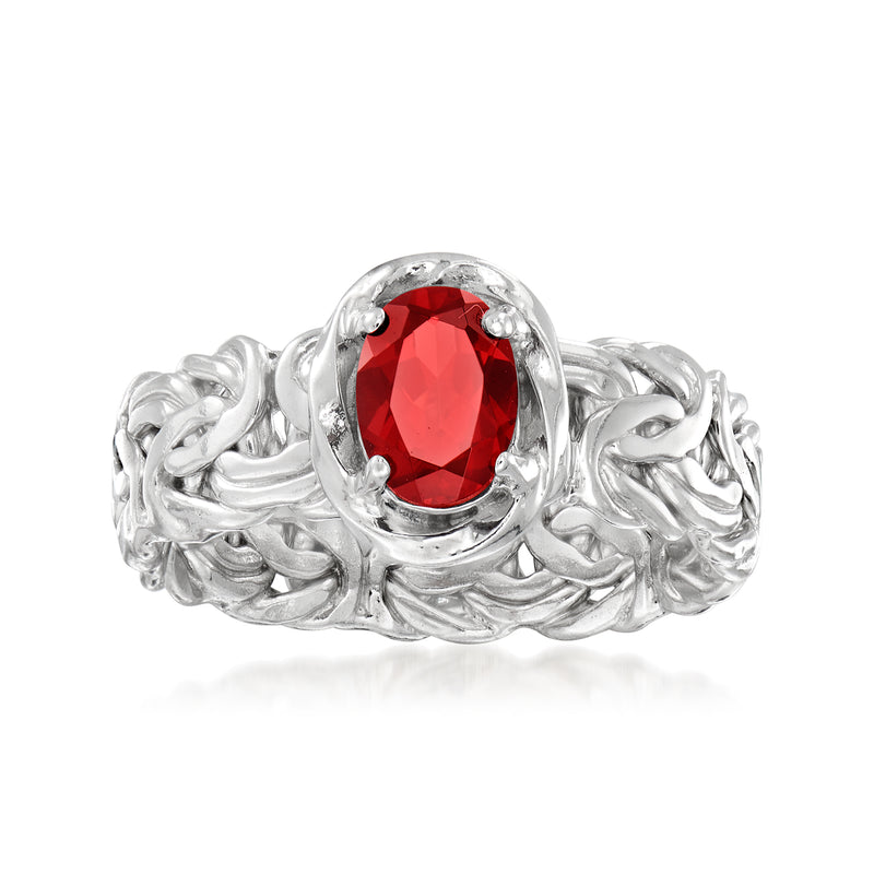 Sterling silver Byzantine ring with oval red garnet and ornate braided band